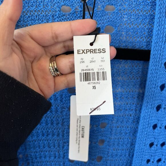 Express Crochet Long Line Cardigan Duster Open Knit Blue Size XS NWT’s - Picture 7 of 10